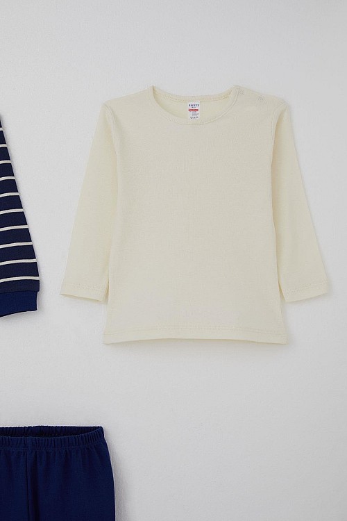 Erkek Bebek Bodyli 3 Lü Takım Çizgili Çıtçıtlı Lacivert (4 Ay-1 Yaş)