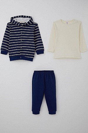 Baby Boy Bodysuit Set of 3, Striped, Snap Button, Navy Blue (4 Months-1 Year)