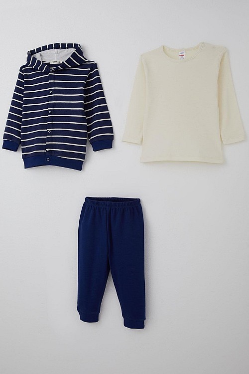 Erkek Bebek Bodyli 3 Lü Takım Çizgili Çıtçıtlı Lacivert (4 Ay-1 Yaş)