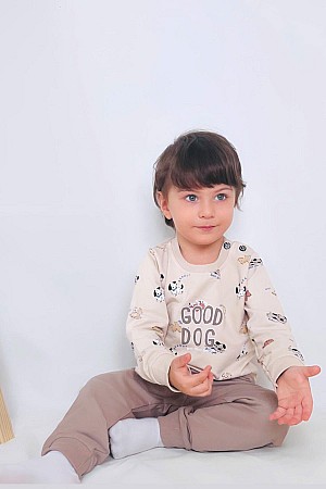 Baby Boy Tracksuit Set with Cute Puppy Design, Beige (9 Months-3 Years)