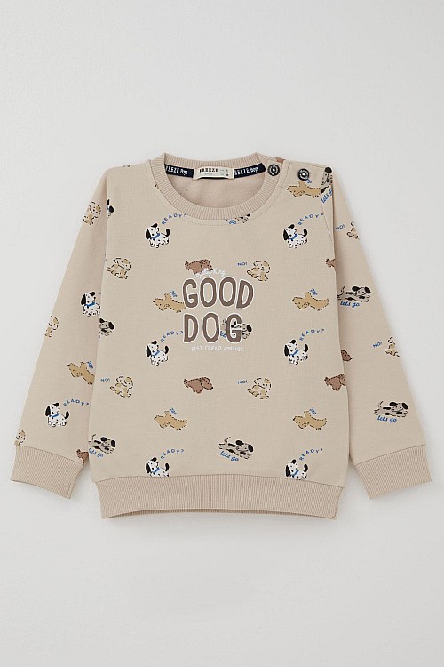 Erkek Bebek Eşofman Takım Sevimli Köpekçikler Desenli Bej (9 Ay-3 Yaş)