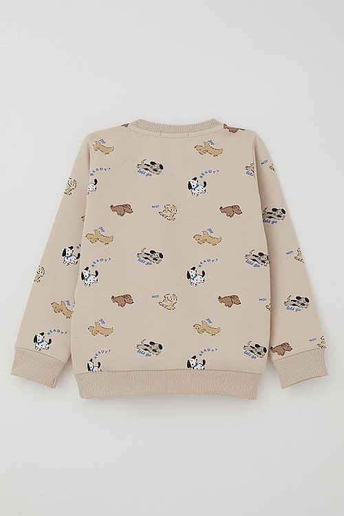 Erkek Bebek Eşofman Takım Sevimli Köpekçikler Desenli Bej (9 Ay-3 Yaş)