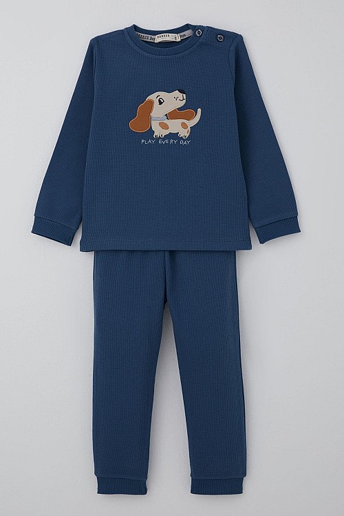 Erkek Bebek Eşofman Takımı Sevimli Köpekçik Nakışlı İndigo (9 Ay-3 Yaş)
