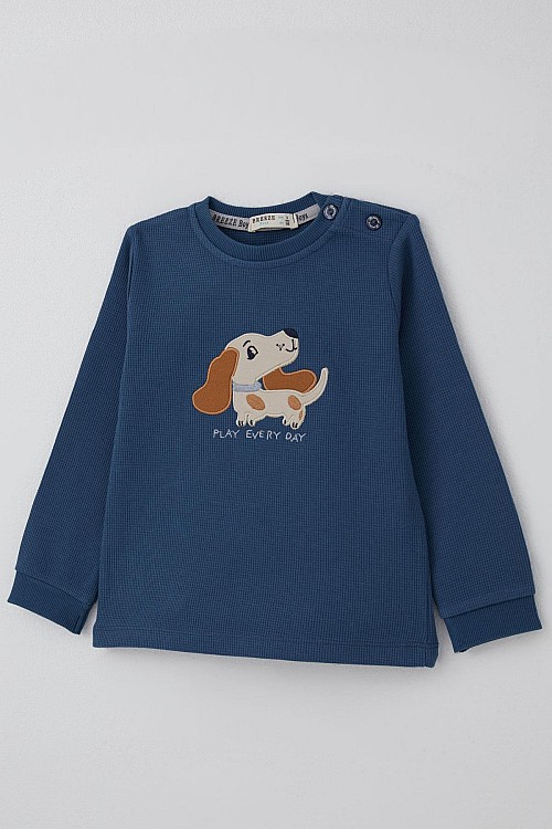 Erkek Bebek Eşofman Takımı Sevimli Köpekçik Nakışlı İndigo (9 Ay-3 Yaş)