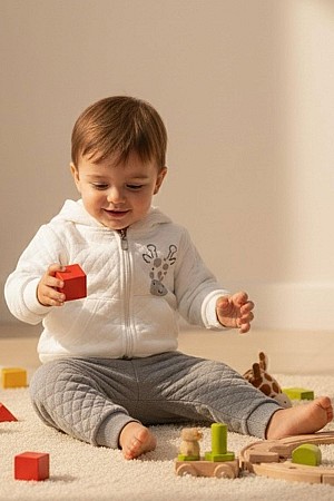 Baby Boy Tracksuit Set with Cute Giraffe Print, Quilted Design, Ecru (6 Months-1.5 Years)