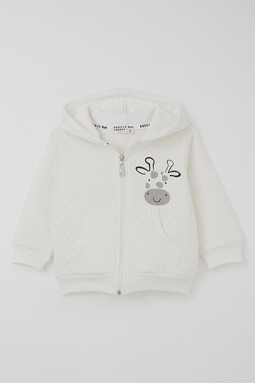 Erkek Bebek Eşofman Takımı Sevimli Zürafa Baskılı Kapitone Desenli Ekru (6 Ay-1.5 Yaş)