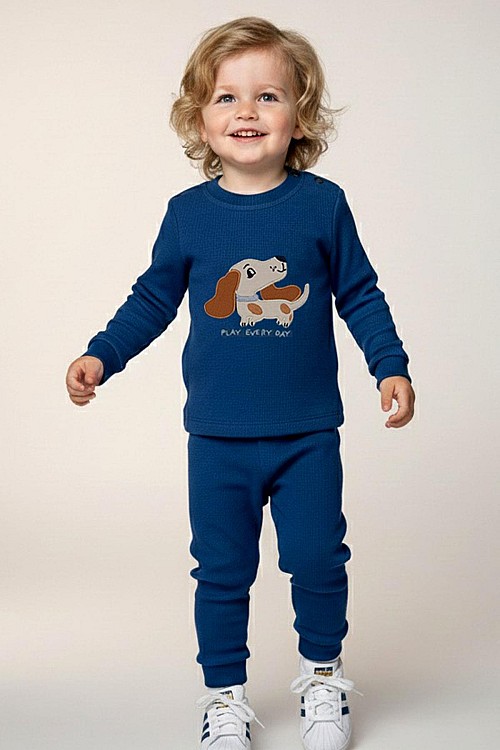 Erkek Bebek Eşofman Takımı Sevimli Köpekçik Nakışlı İndigo (9 Ay-3 Yaş)