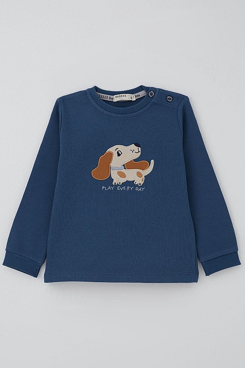 Erkek Bebek Eşofman Takımı Sevimli Köpekçik Nakışlı İndigo (9 Ay-3 Yaş)