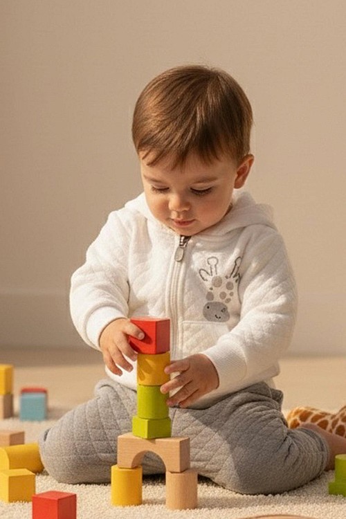 Erkek Bebek Eşofman Takımı Sevimli Zürafa Baskılı Kapitone Desenli Ekru (6 Ay-1.5 Yaş)