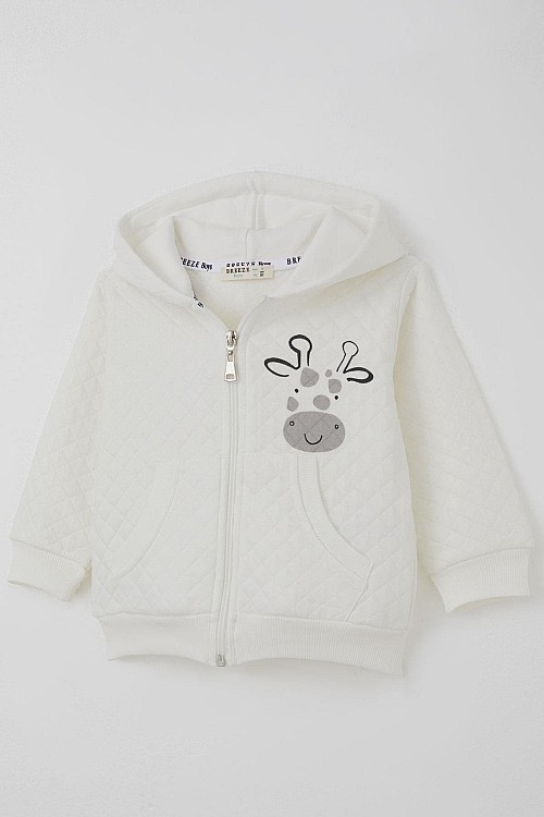 Erkek Bebek Eşofman Takımı Sevimli Zürafa Baskılı Kapitone Desenli Ekru (6 Ay-1.5 Yaş)