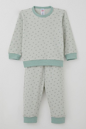 Erkek Bebek Pijama Takımı Omuzdan Patlı Mini Üçgenler Desenli Su Yeşili (4 Ay-1 Yaş)