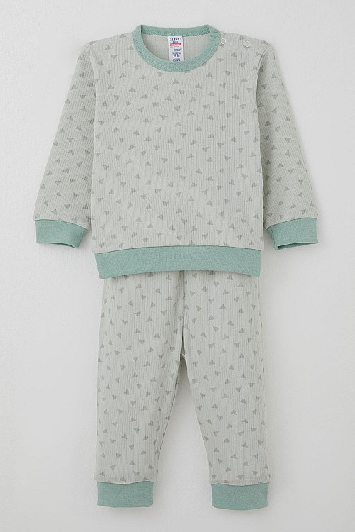 Erkek Bebek Pijama Takımı Omuzdan Patlı Mini Üçgenler Desenli Su Yeşili (4 Ay-1 Yaş)