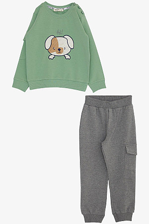 Boy&#39;s Tracksuit Set with Cute Puppy Embroidery and Sleeve Pocket Mint Green (Age 1-4)