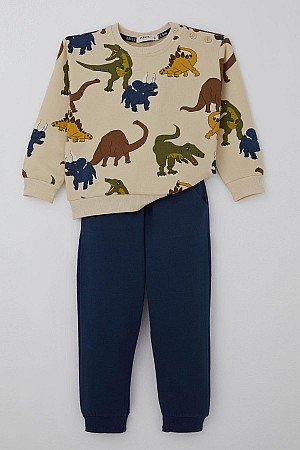 Boys' Tracksuit Set with Roaring Dinosaurs Design, Cream (Ages 2-6)