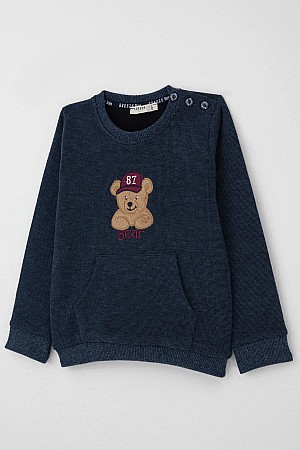 Erkek Çocuk Eşofman Takımı Sevimli Şapkalı Ayıcık Figür Nakışlı Lacivert Melanj (9 Ay-3 Yaş)