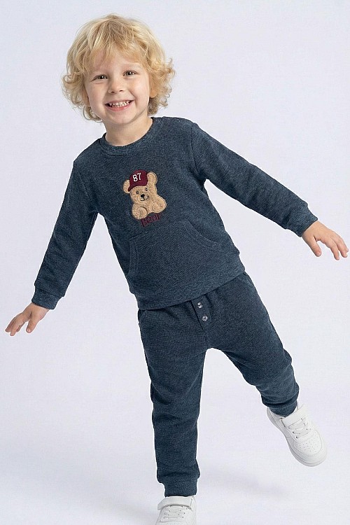 Erkek Çocuk Eşofman Takımı Sevimli Şapkalı Ayıcık Figür Nakışlı Lacivert Melanj (9 Ay-3 Yaş)