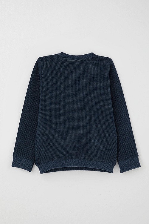 Erkek Çocuk Eşofman Takımı Sevimli Şapkalı Ayıcık Figür Nakışlı Lacivert Melanj (9 Ay-3 Yaş)