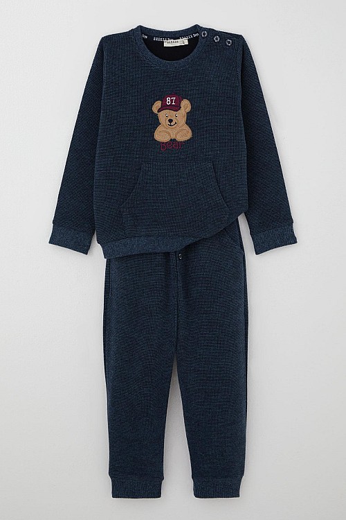 Erkek Çocuk Eşofman Takımı Sevimli Şapkalı Ayıcık Figür Nakışlı Lacivert Melanj (9 Ay-3 Yaş)
