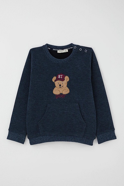 Erkek Çocuk Eşofman Takımı Sevimli Şapkalı Ayıcık Figür Nakışlı Lacivert Melanj (9 Ay-3 Yaş)