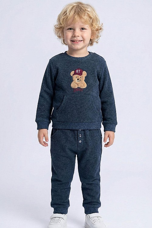 Erkek Çocuk Eşofman Takımı Sevimli Şapkalı Ayıcık Figür Nakışlı Lacivert Melanj (9 Ay-3 Yaş)