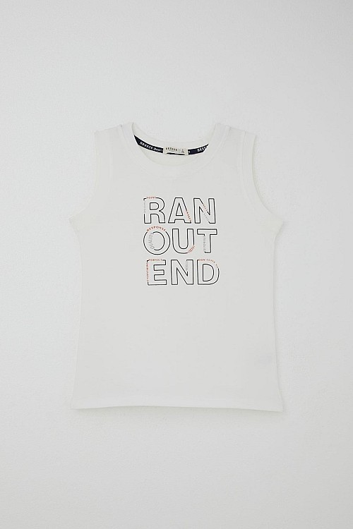 Erkek Çocuk Şortlu Takım Sıfır Kollu Yazı Baskılı Bağcık Aksesuarlı Beyaz (8-14 Yaş)