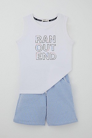 Erkek Çocuk Şortlu Takım Sıfır Kollu Yazı Baskılı Bağcık Aksesuarlı Beyaz (8-14 Yaş) Erkek Çocuk Şortlu Takım Sıfır Kollu Yazı Baskılı Bağcık Aksesuarlı Beyaz (8-14 Yaş)
