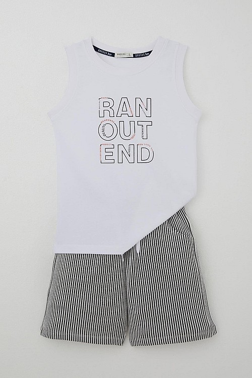 Erkek Çocuk Şortlu Takım Sıfır Kollu Yazı Baskılı Bağcık Aksesuarlı Beyaz (8-14 Yaş)