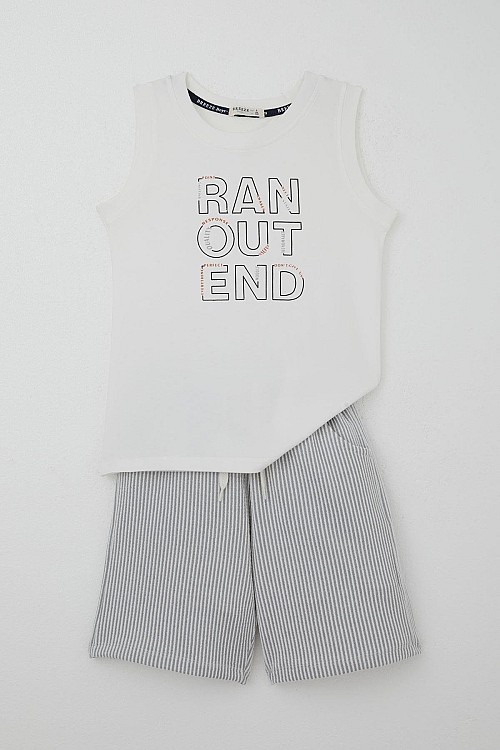 Erkek Çocuk Şortlu Takım Sıfır Kollu Yazı Baskılı Bağcık Aksesuarlı Beyaz (8-14 Yaş)