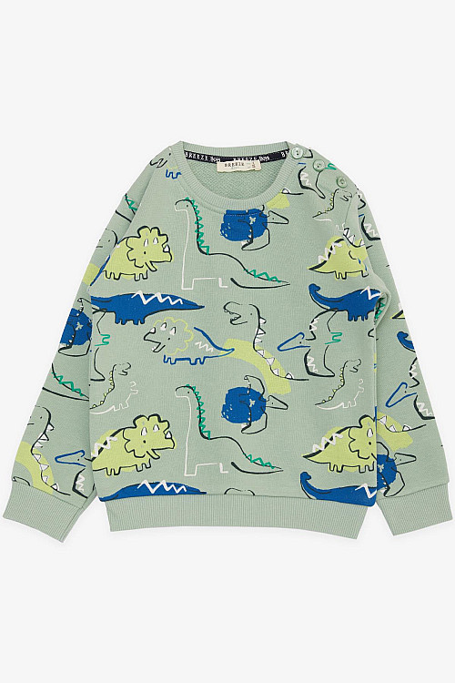 Erkek Çocuk Sweatshirt Eğlenceli Dinozorlar Desenli Mint Yeşili (1.5-5 Yaş)