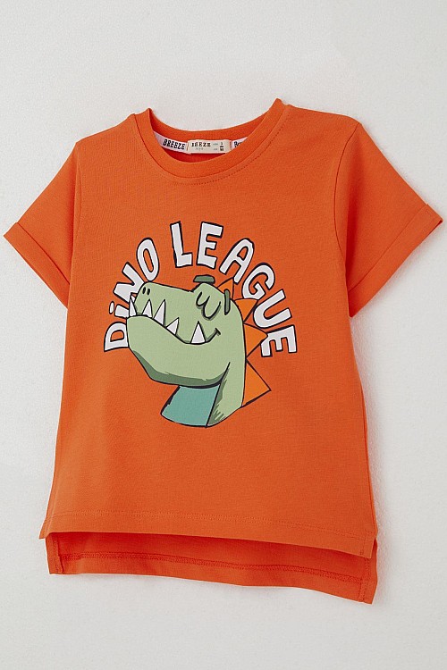 Erkek Çocuk Tişört Lig Yıldızı Dinozor Baskılı Turuncu (2-6 Yaş)