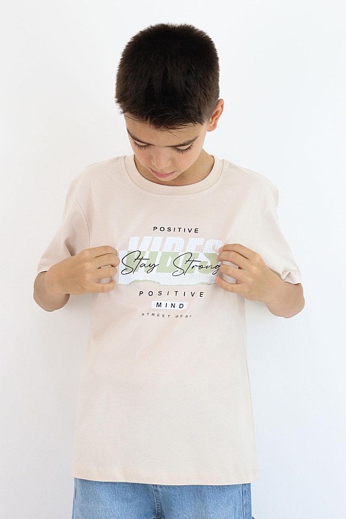 Erkek Çocuk Tişört Motivasyon Temalı & Sırt Kısmı Yazı Baskı Detaylı Bej (9-16 Yaş)