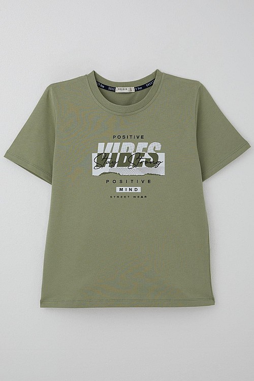 Erkek Çocuk Tişört Motivasyon Temalı & Sırt Kısmı Yazı Baskı Detaylı Haki Yeşil (9-16 Yaş)