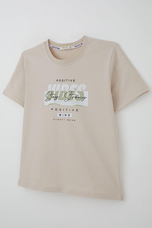 Erkek Çocuk Tişört Motivasyon Temalı & Sırt Kısmı Yazı Baskı Detaylı Bej (9-16 Yaş)