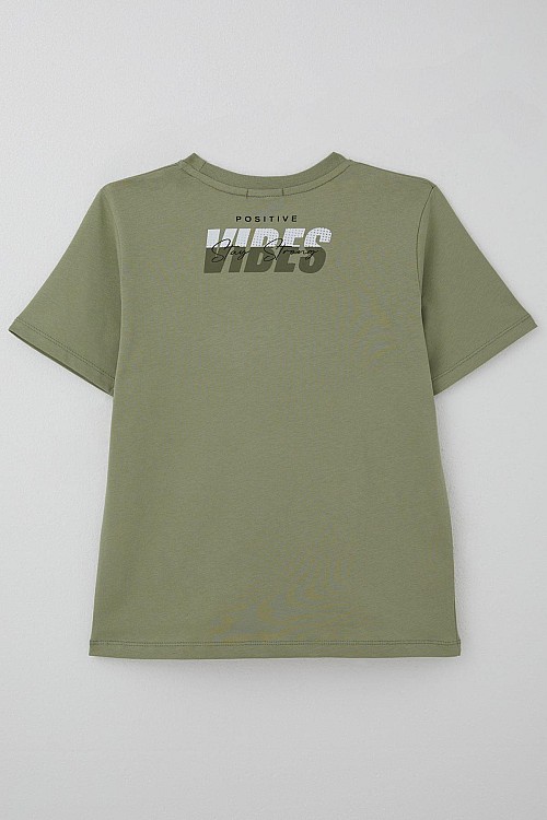 Erkek Çocuk Tişört Motivasyon Temalı & Sırt Kısmı Yazı Baskı Detaylı Haki Yeşil (9-16 Yaş)