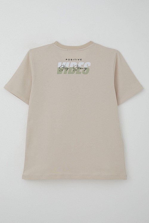 Erkek Çocuk Tişört Motivasyon Temalı & Sırt Kısmı Yazı Baskı Detaylı Bej (9-16 Yaş)