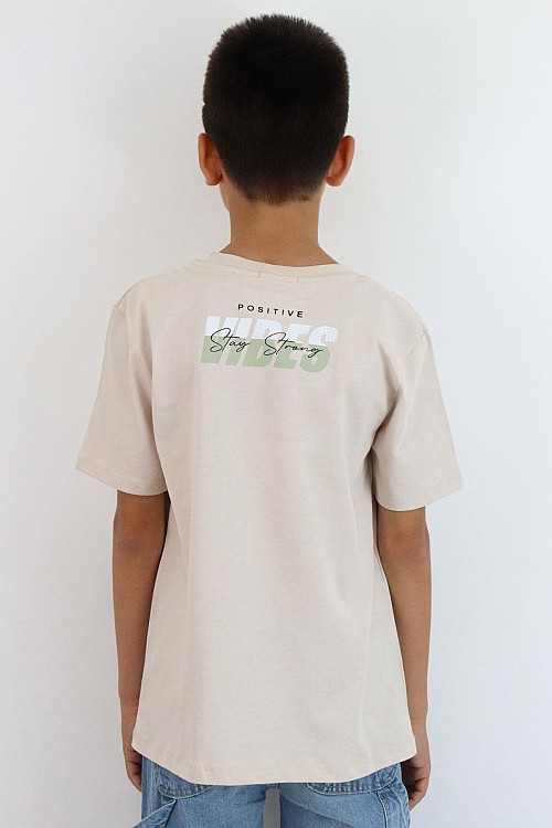 Erkek Çocuk Tişört Motivasyon Temalı & Sırt Kısmı Yazı Baskı Detaylı Bej (9-16 Yaş)