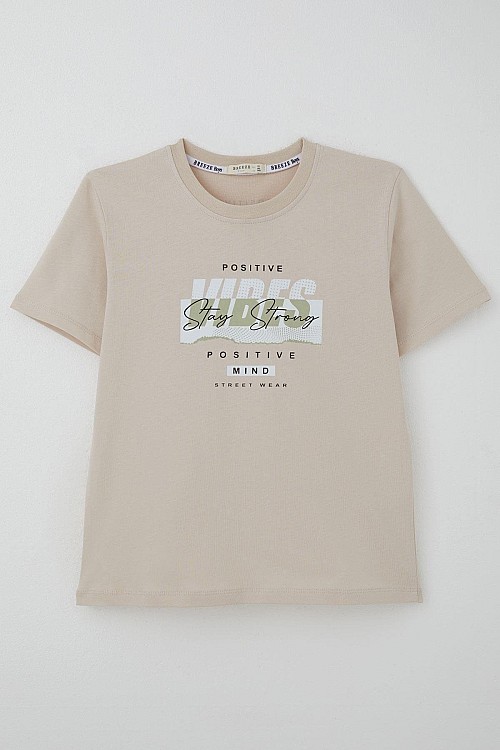 Erkek Çocuk Tişört Motivasyon Temalı & Sırt Kısmı Yazı Baskı Detaylı Bej (9-16 Yaş)
