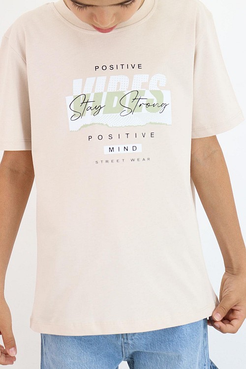 Erkek Çocuk Tişört Motivasyon Temalı & Sırt Kısmı Yazı Baskı Detaylı Bej (9-16 Yaş)