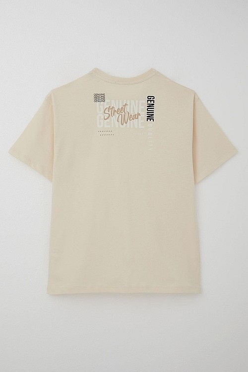 Erkek Çocuk Tişört Sırt Kısmı Yazı Baskılı Krem (9-14 Yaş)