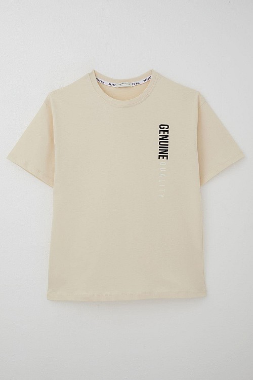 Erkek Çocuk Tişört Sırt Kısmı Yazı Baskılı Krem (9-14 Yaş)