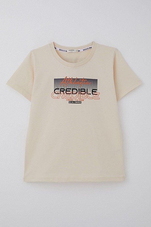 Erkek Çocuk Tişört Yazı Baskılı Sırt Kısmı Baskı Detaylı Krem (10-16 Yaş)