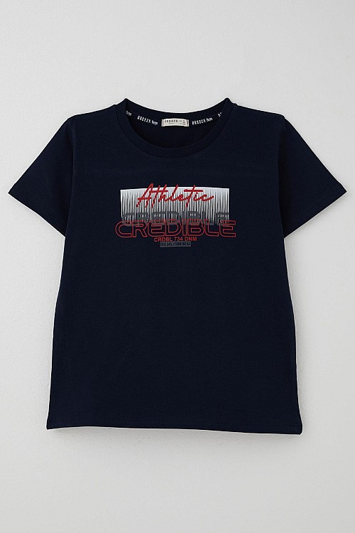 Erkek Çocuk Tişört Yazı Baskılı Sırt Kısmı Baskı Detaylı Lacivert (10-16 Yaş)