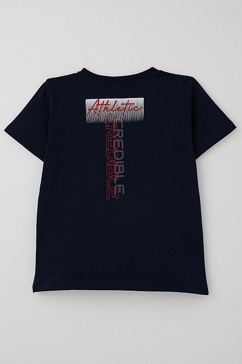 Erkek Çocuk Tişört Yazı Baskılı Sırt Kısmı Baskı Detaylı Lacivert (10-16 Yaş)
