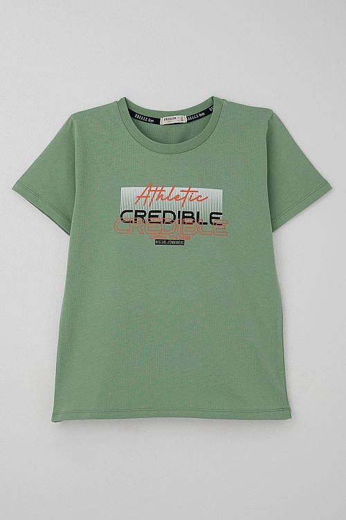 Erkek Çocuk Tişört Yazı Baskılı Sırt Kısmı Baskı Detaylı Mint Yeşili (10-16 Yaş)