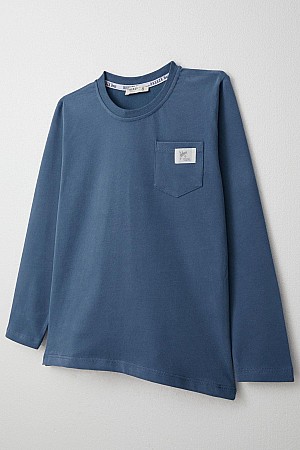 Boy Long Sleeve T-Shirt Cool Text Emblem Pocket Indigo (4-8 Years)