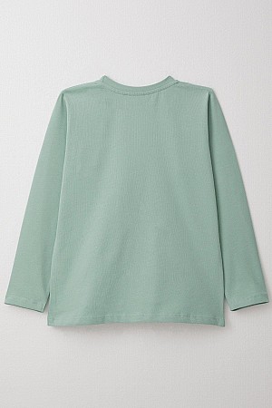 Boy Long Sleeve T-Shirt Cool Text Emblem Pocket Aqua Green (4-8 Years)