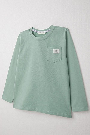 Boy Long Sleeve T-Shirt Cool Text Emblem Pocket Aqua Green (4-8 Years)
