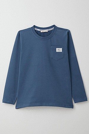 Boy Long Sleeve T-Shirt Cool Text Emblem Pocket Indigo (4-8 Years)