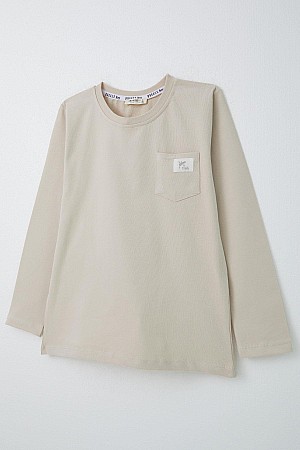 Boy Long Sleeve T-Shirt Cool Text Emblem Pocket Beige (4-8 Years)
