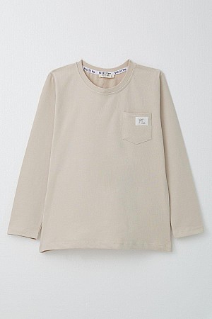 Boy Long Sleeve T-Shirt Cool Text Emblem Pocket Beige (4-8 Years)